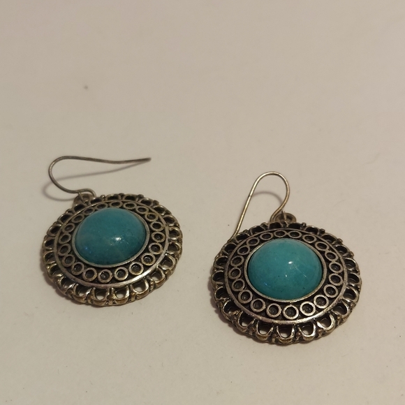 Ornate Silver Tone Costume Earrings w Faux Turquoise Approx 1" Diameter Boho - Picture 5 of 9